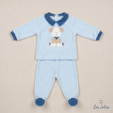 Completo neonato azzurro con decorazione di un cagnolino