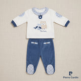Completo neonato bianco e blu con ricamo di un orsetto