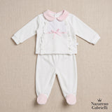 Completo neonato bianco con colletto e dettagli rosa
