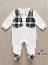 Tutina neonato bianca con gilet a quadri verde