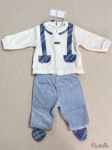 Completo neonato bianco e azzurro con effetto bretelle