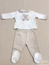Completo neonato bianco e beige con orsetto sul davanti