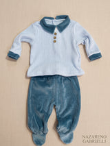 Completo neonato azzurro e blu con bottoni sul davanti